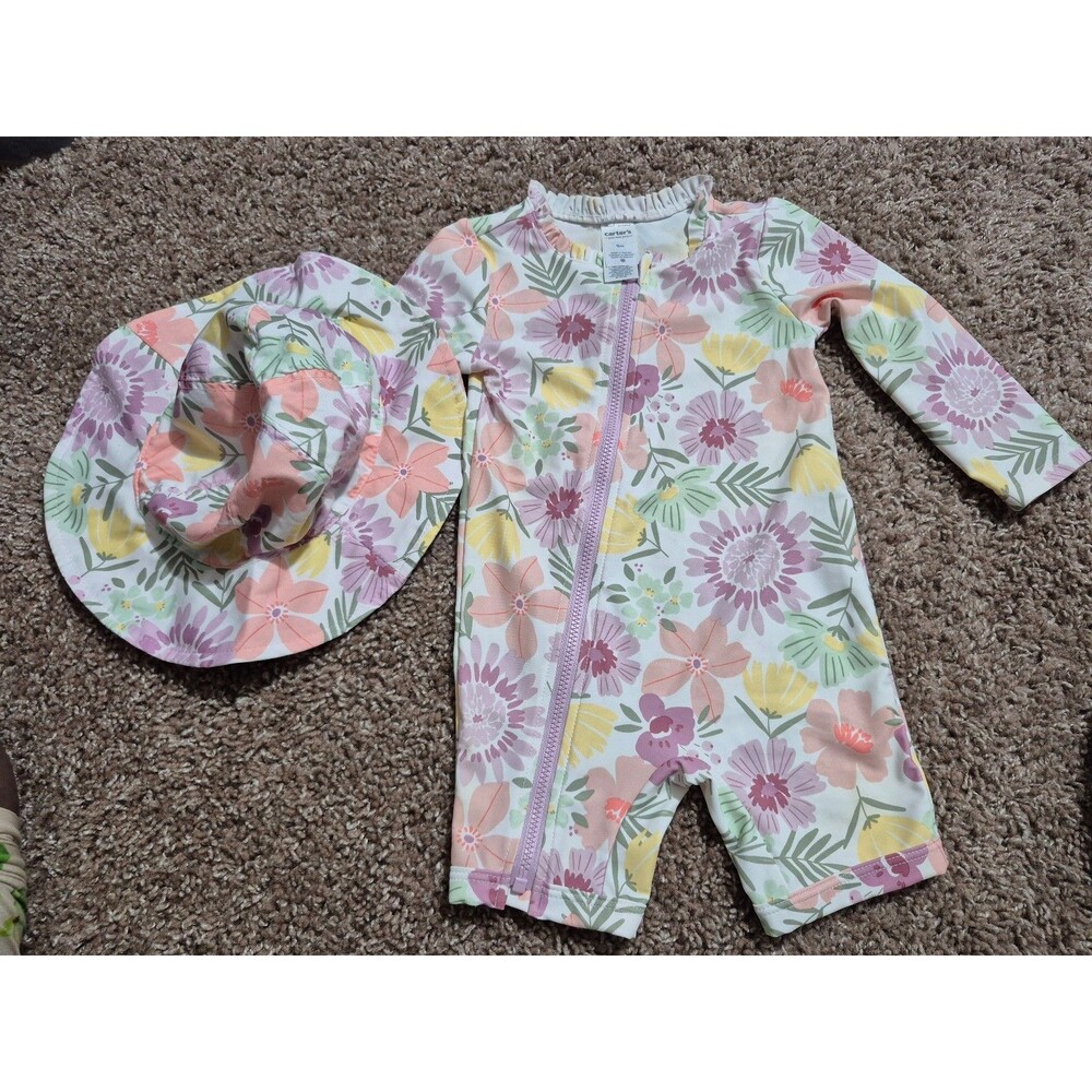 Carters baby girl 2 piece swimsuit set hat & rashguard size 9 months